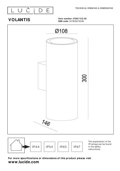 Lucide VOLANTIS - Foco de pared / Lámpara de pared Dentro/Fuera - 2xE27 - IP54 - Negro - técnico